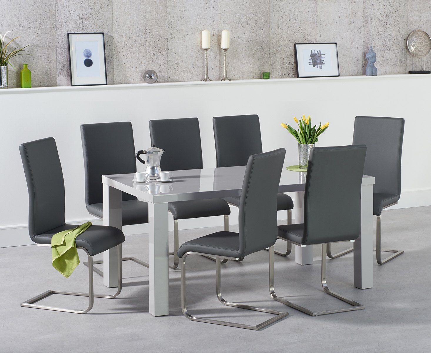 Seattle 160cm Light Grey High Gloss Dining Table With 4 Black Austin Chairs