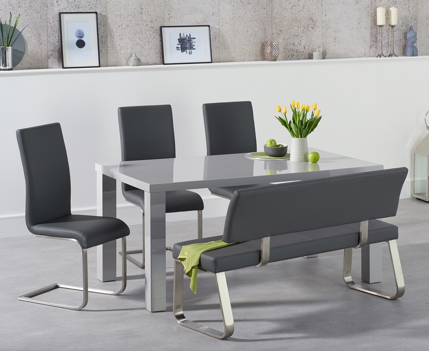 Seattle 160cm Light Grey High Gloss Dining Table With 4 Grey Austin Chairs With 2 Grey Benches