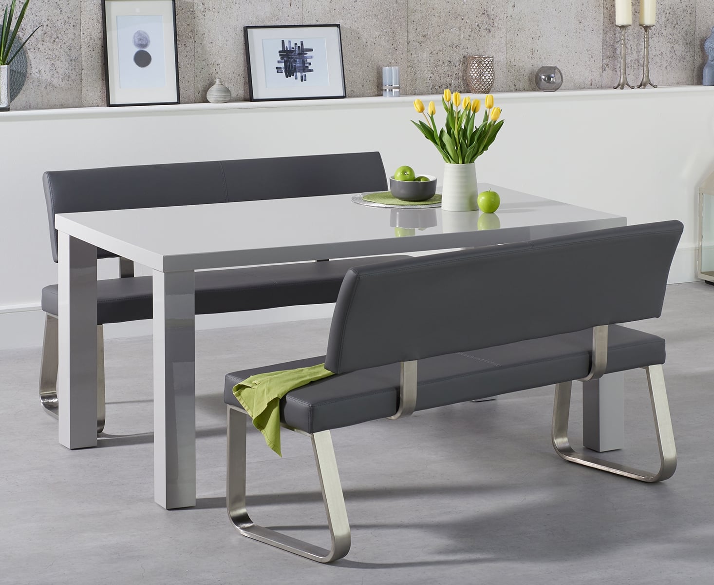 Seattle 160cm Light Grey High Gloss Dining Table With 2 Grey Benches