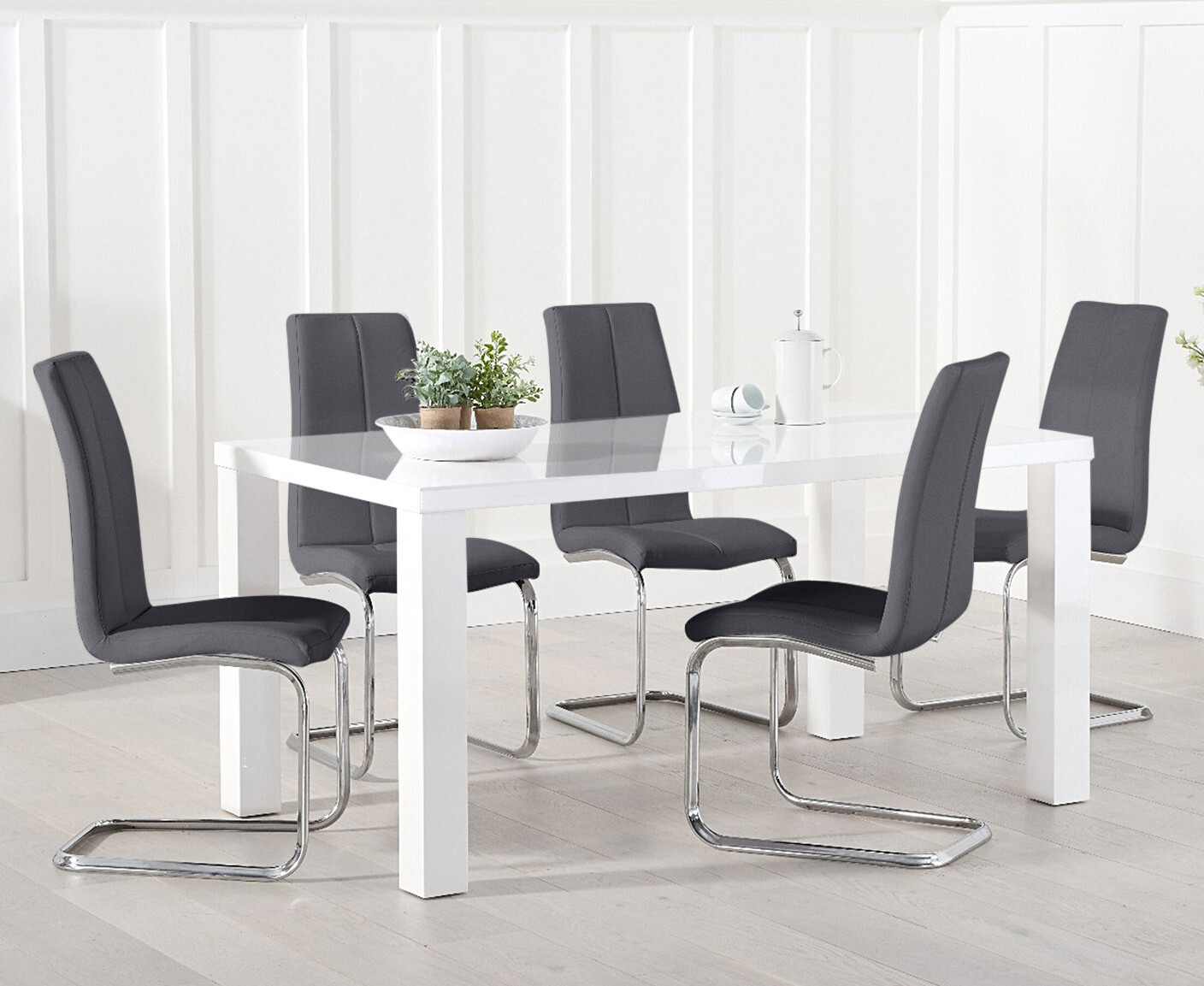 Seattle 160cm White High Gloss Dining Table With 4 Grey Gianni Chairs