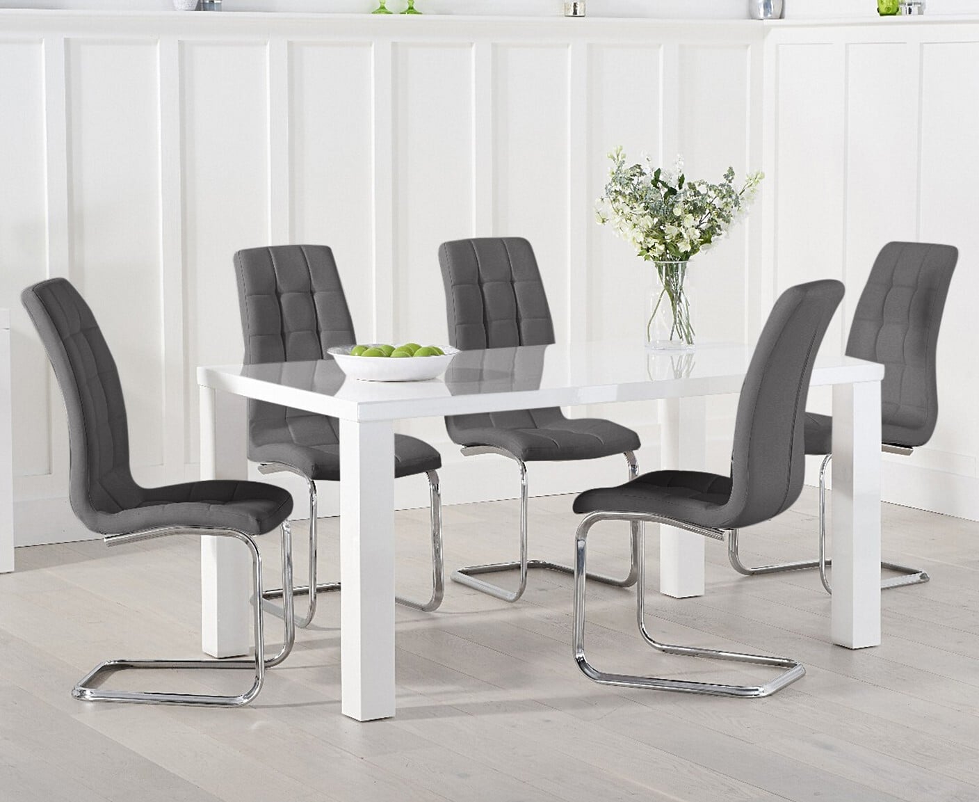 Seattle 160cm White High Gloss Dining Table With 6 Grey Vigo Chairs