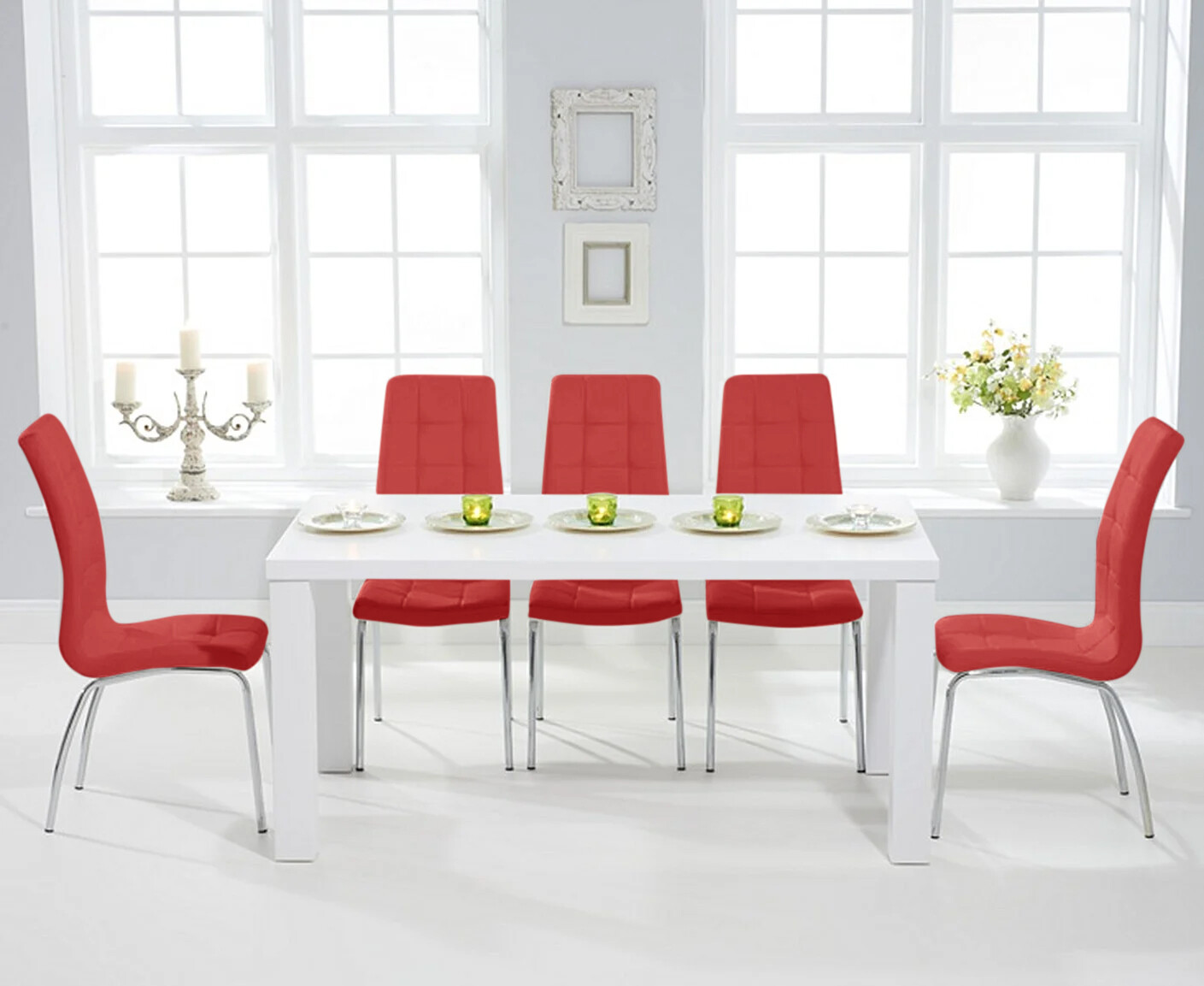 Seattle 160cm White High Gloss Dining Table With 4 Red Enzo Chairs