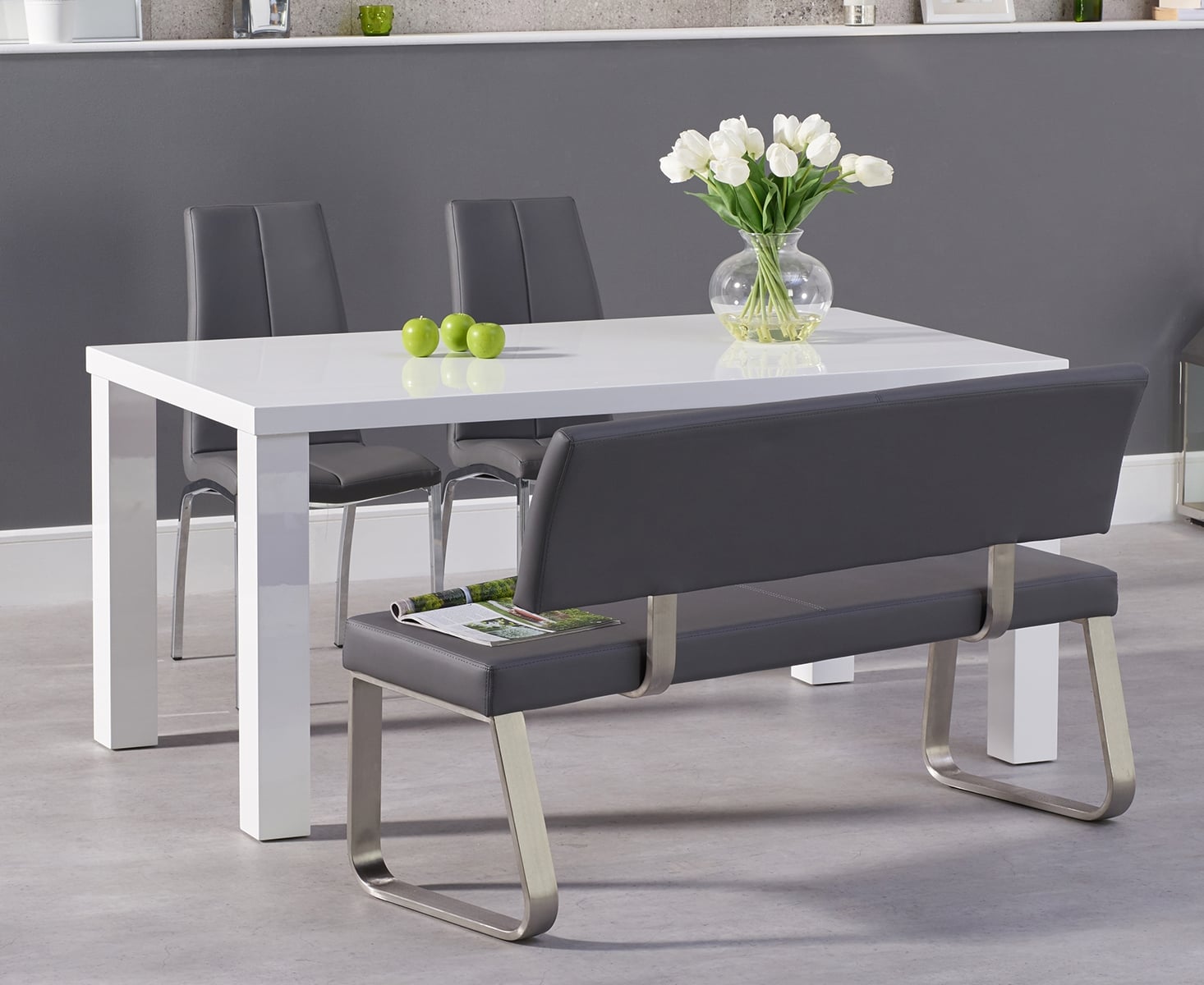 Seattle 160cm White High Gloss Dining Table With 4 Grey Marco Chairs With 2 Grey Benches