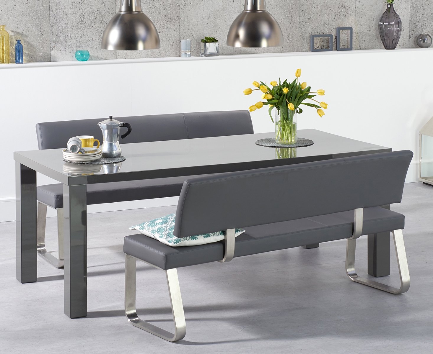 Seattle 200cm Dark Grey High Gloss Dining Table With 2 Grey Benches