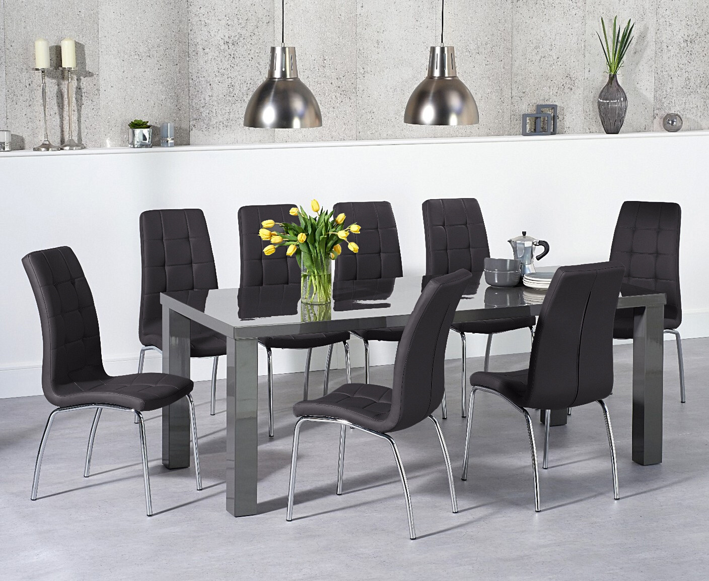 Seattle 200cm Dark Grey High Gloss Dining Table With 10 Red Enzo Chairs