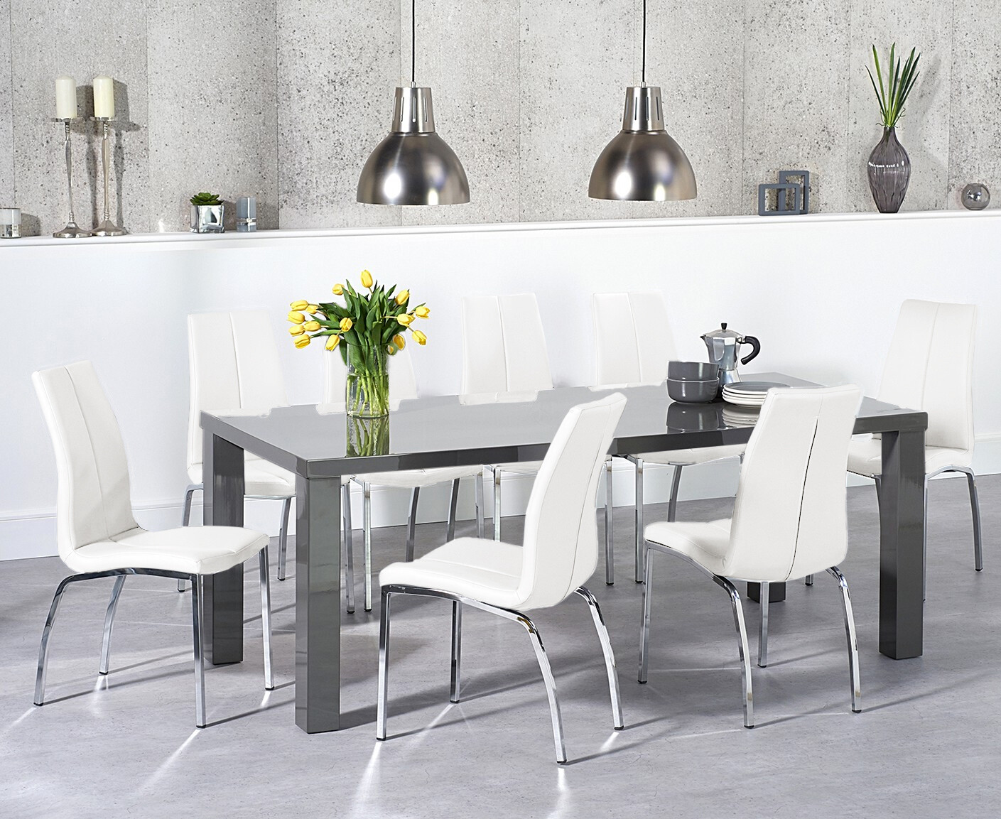 Seattle 200cm Dark Grey High Gloss Dining Table With 6 Grey Marco Chairs