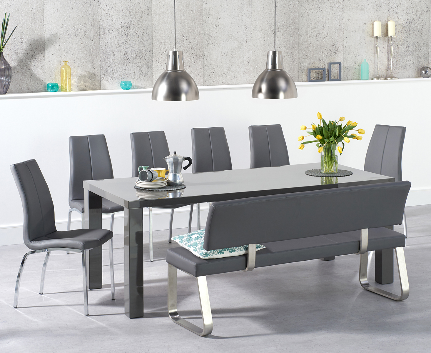 Seattle 200cm Dark Grey High Gloss Dining Table With 4 Grey Marco Chairs With 2 Grey Benches