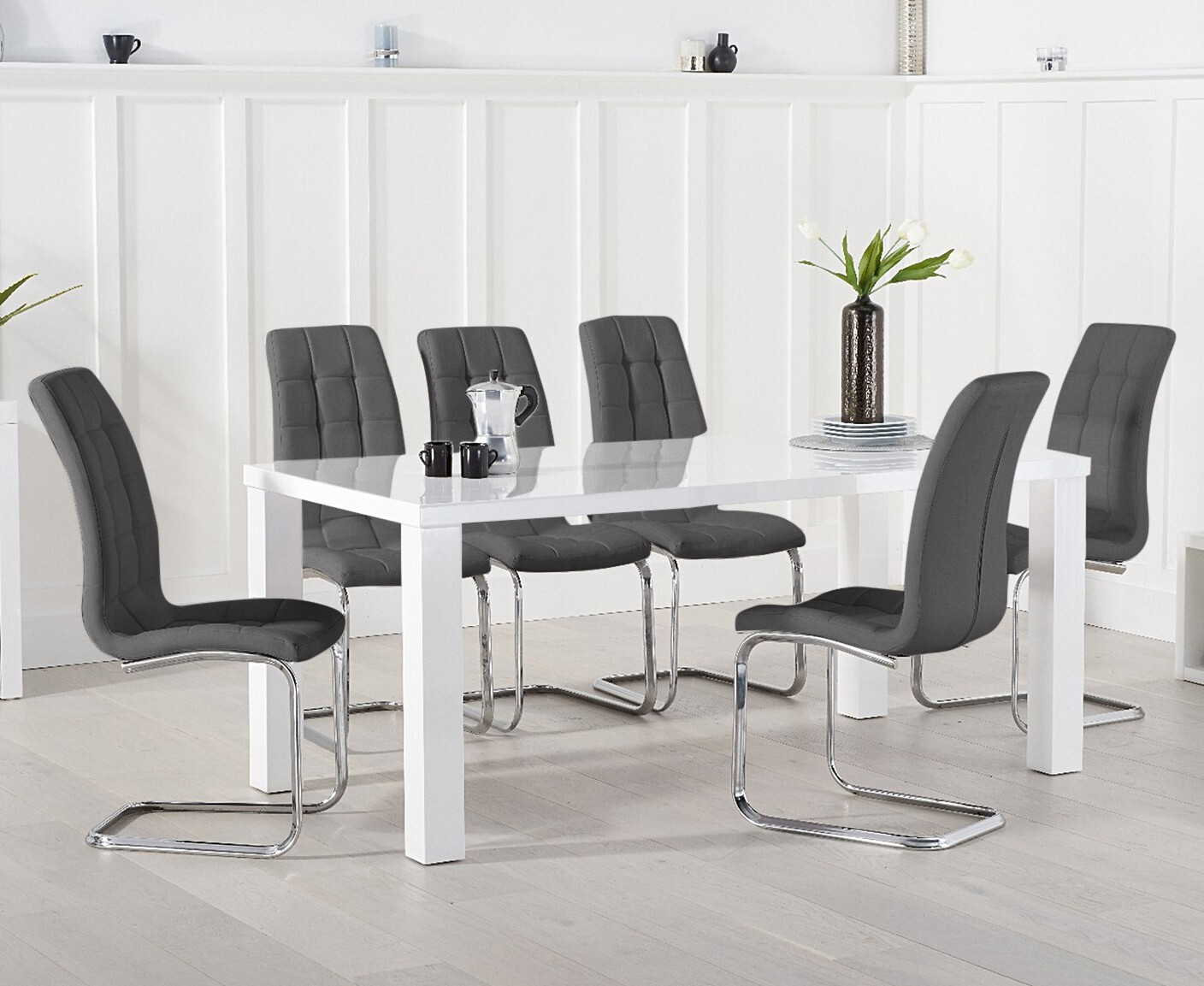 Seattle 200cm White High Gloss Dining Table With 10 Grey Vigo Chairs