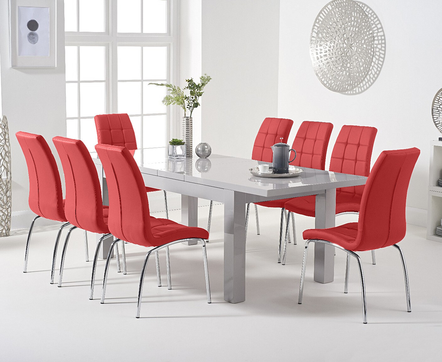 Extending Seattle 160cm Light Grey High Gloss Dining Table With 10 Red Enzo Chairs