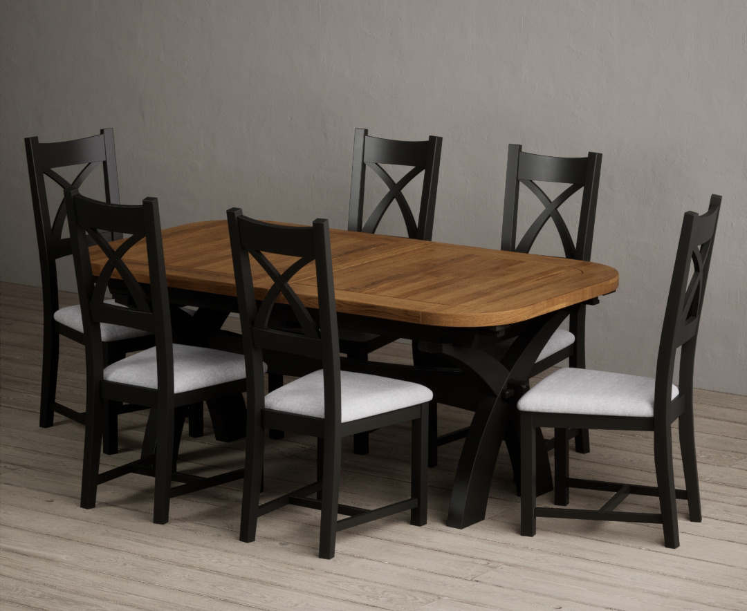 Extending Olympia 180cm Oak And Black Painted Dining Table With 6 Blue Painted Chairs