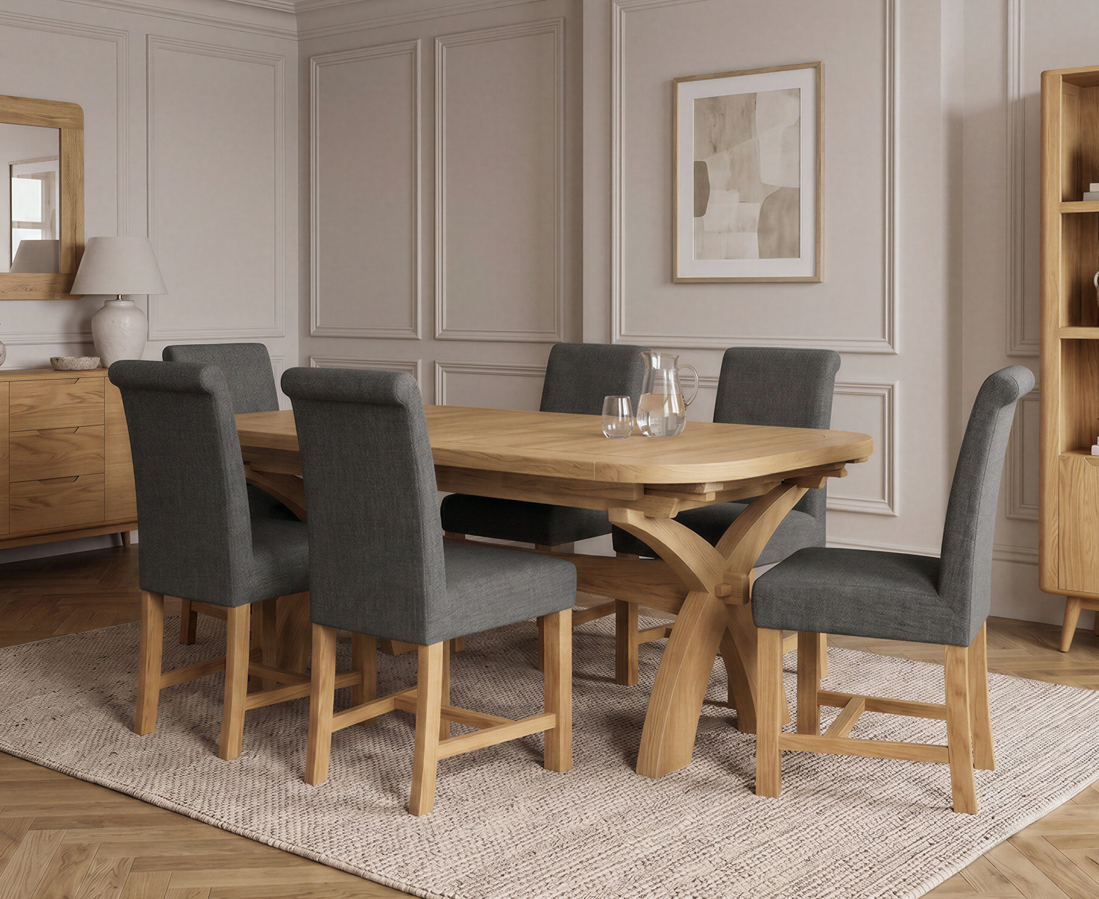 Colby 200cm Oval White Marble Dining Table with 6 Grey Lorenzo Chairs