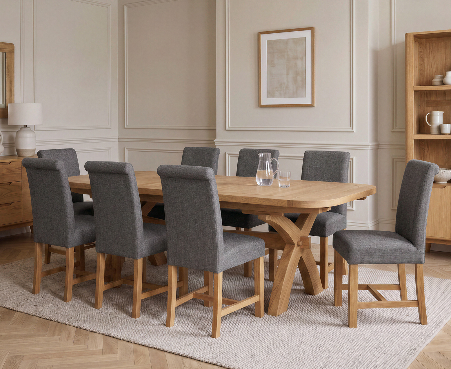 Colby 200cm Oval White Marble Dining Table with 6 Grey Lorenzo Chairs