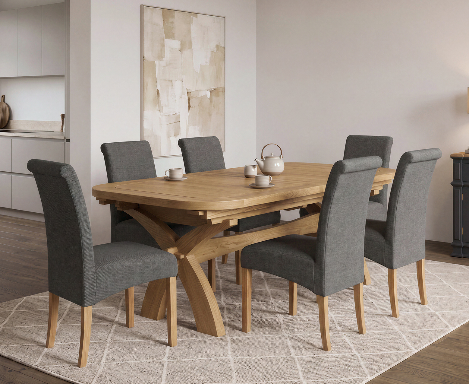 Colby 200cm Oval White Marble Dining Table with 6 Grey Lorenzo Chairs