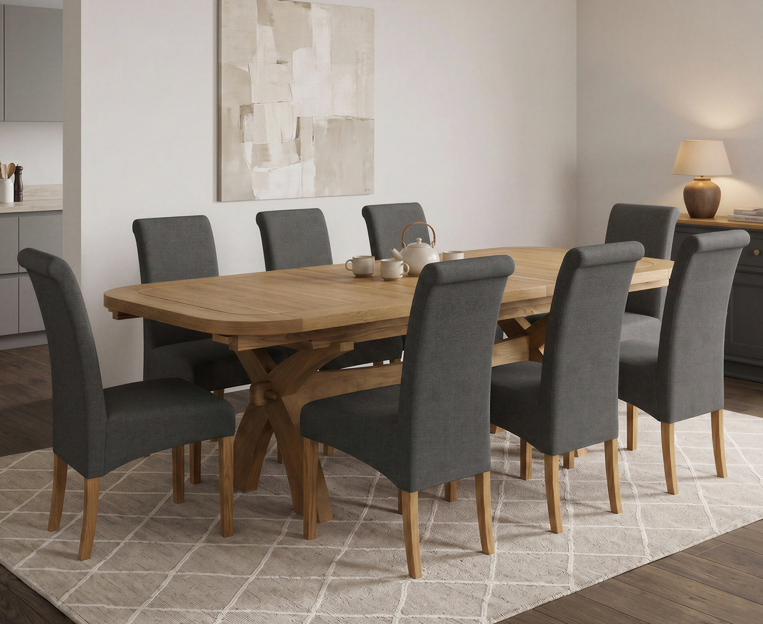Colby 200cm Oval White Marble Dining Table with 6 Grey Sienna Chairs
