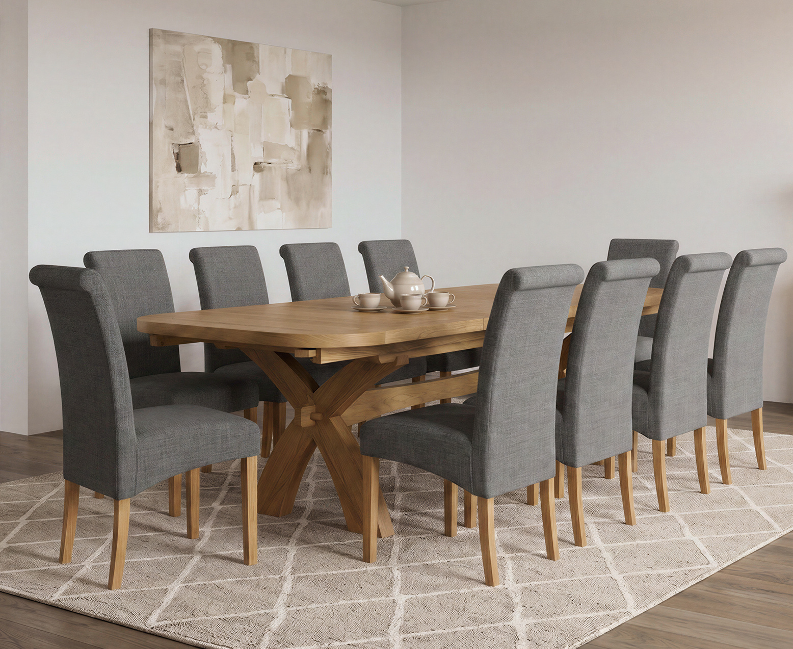 Colby 200cm Oval White Marble Dining Table with 6 Grey Lorenzo Chairs