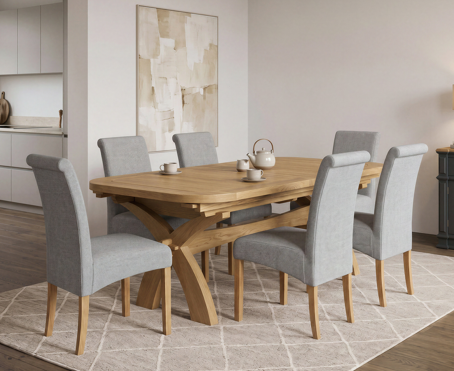 York 150cm Solid Oak Dining Table with 4 Light Grey York Chairs and 2 Oak Benches