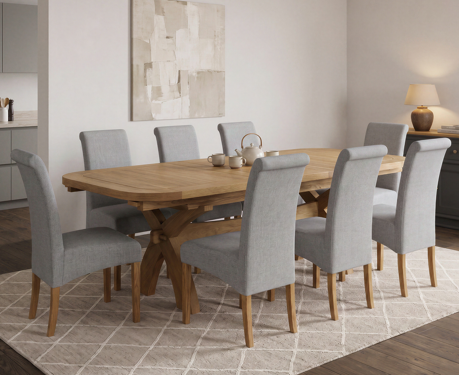 York 150cm Solid Oak Dining Table with 4 Light Grey York Chairs and 2 Oak Benches