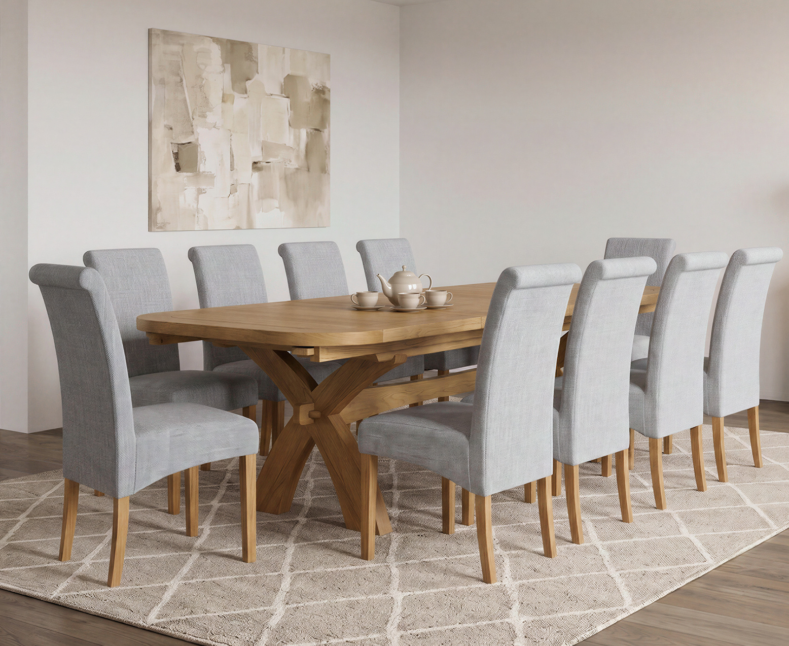 York 150cm Solid Oak Dining Table with 4 Light Grey York Chairs and 2 Oak Benches
