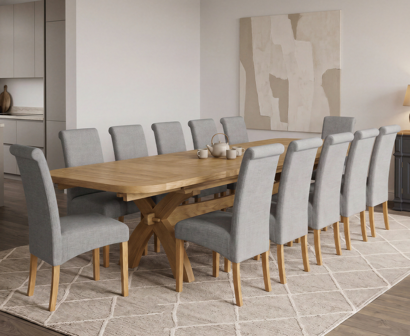 York 150cm Solid Oak Dining Table with 4 Light Grey York Chairs and 2 Oak Benches