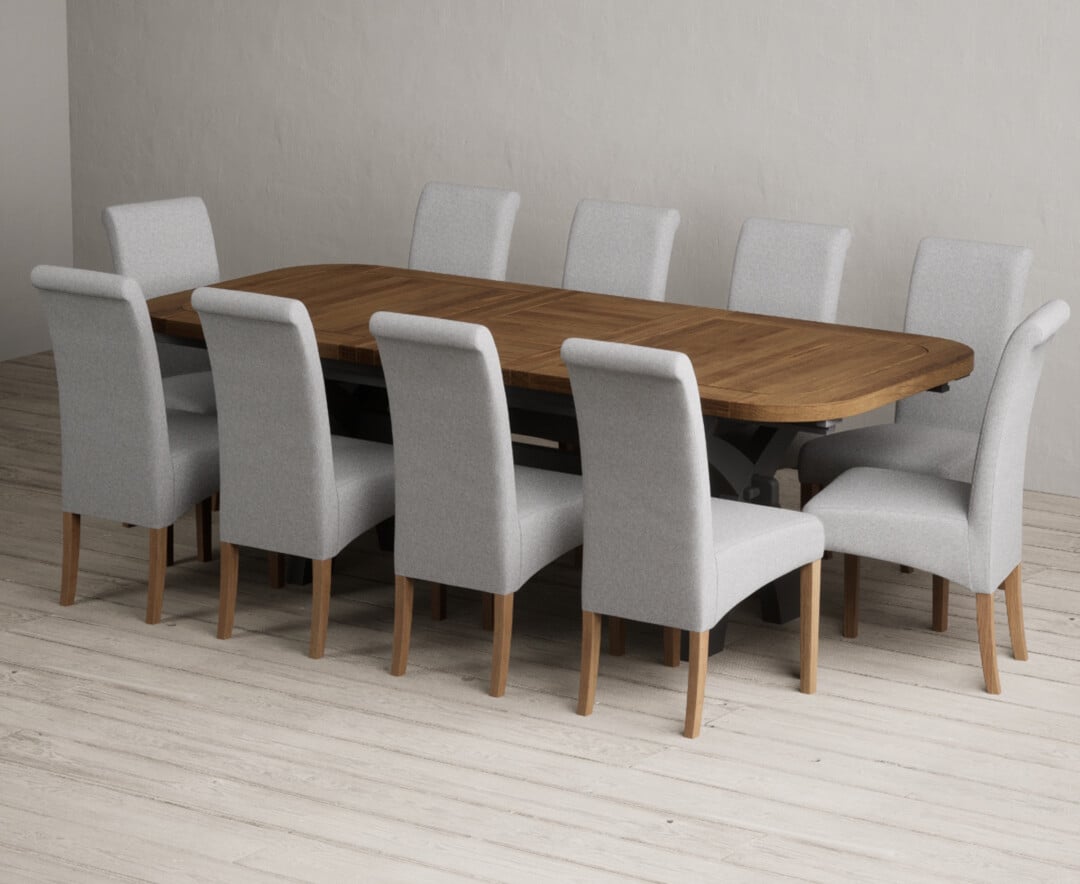 Extending Olympia 180cm Oak and Charcoal Grey Painted Dining Table with 8 Charcoal Grey Scroll Back Chairs
