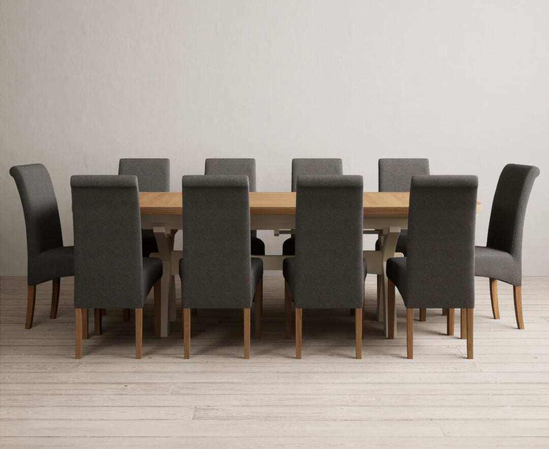 Extending Olympia 180cm Oak and Cream Painted Dining Table with 8 Charcoal Grey Scroll Back Chairs