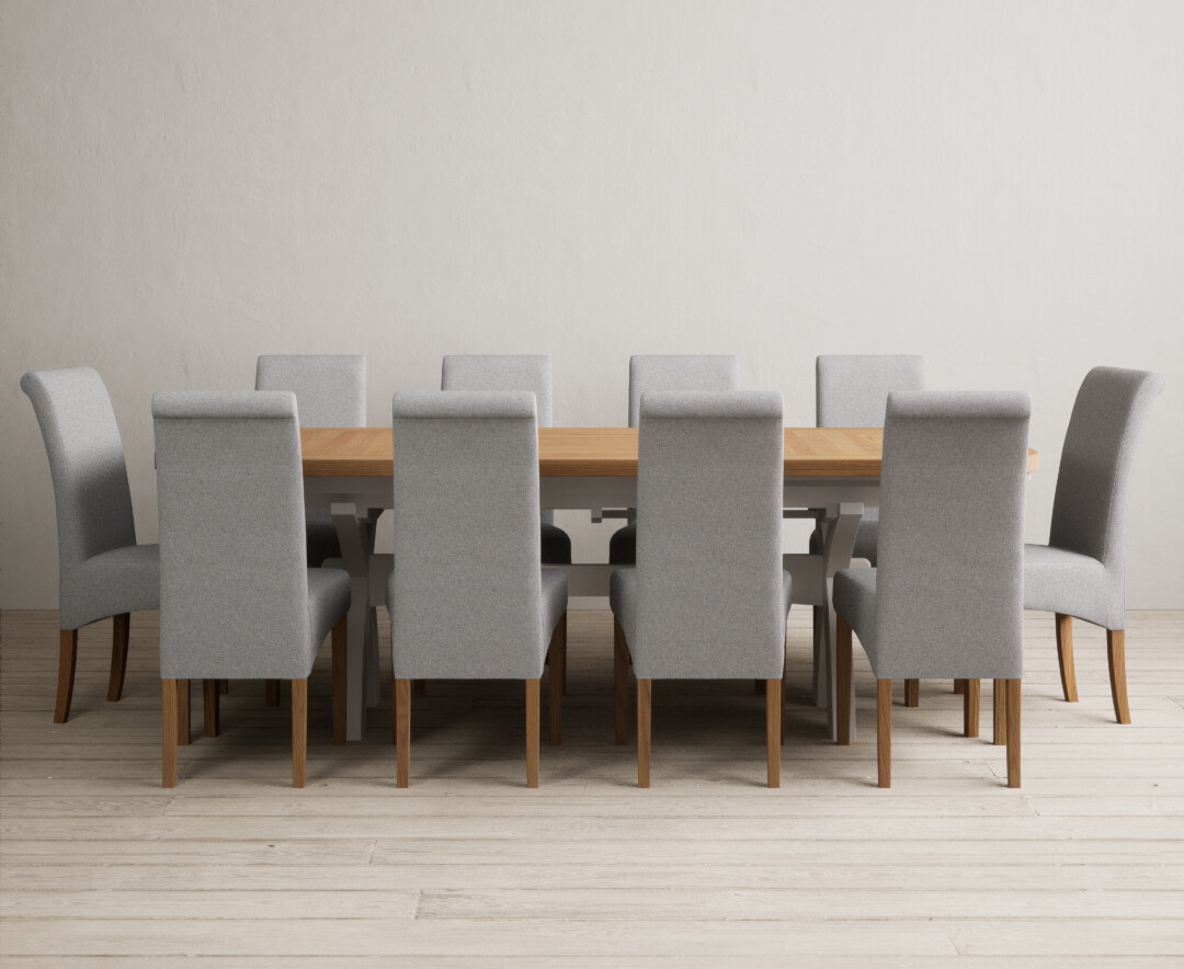York 150cm Solid Oak Dining Table with 4 Light Grey York Chairs and 2 Oak Benches