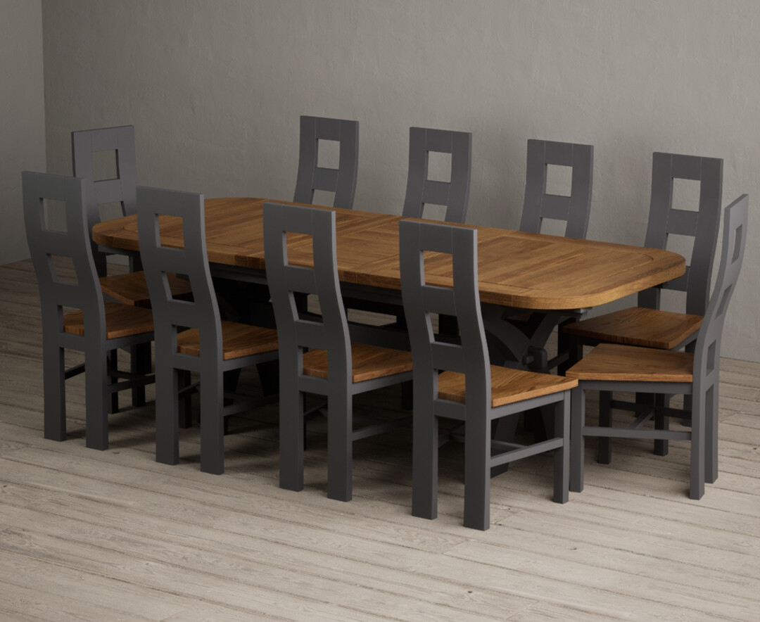 York 150cm Solid Oak Dining Table with 4 Light Grey York Chairs and 2 Oak Benches