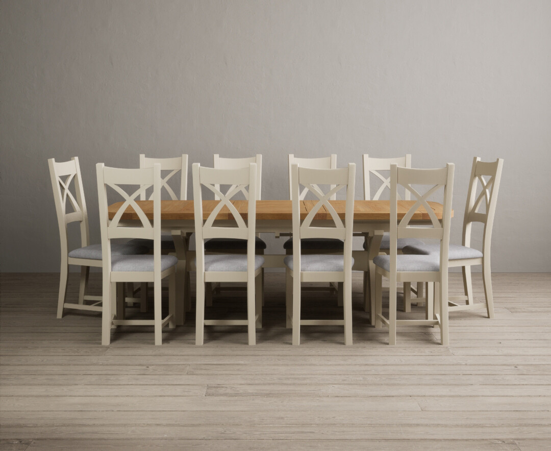 Extending Olympia 180cm Oak and Cream Painted Dining Table with 10 Brown Painted Chairs