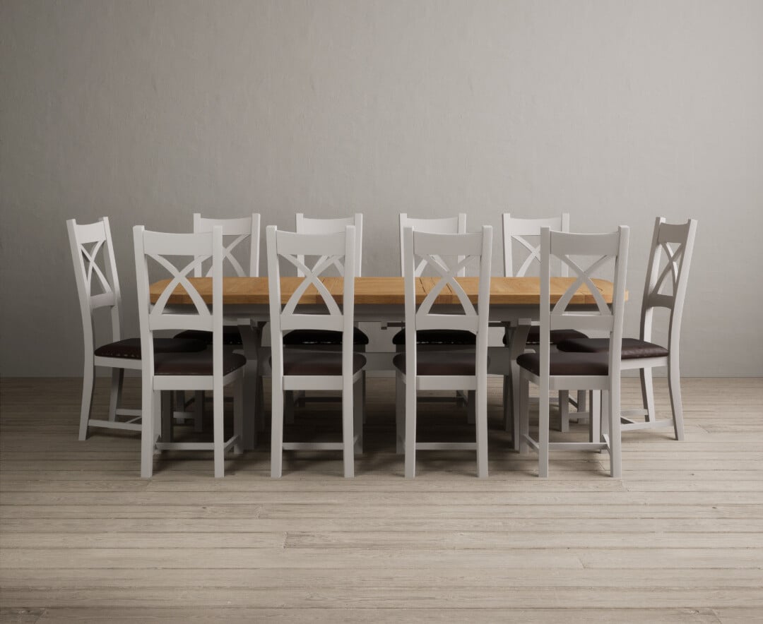 Extending Olympia 180cm Oak and Soft White Painted Dining Table with 8 Brown Painted Chairs