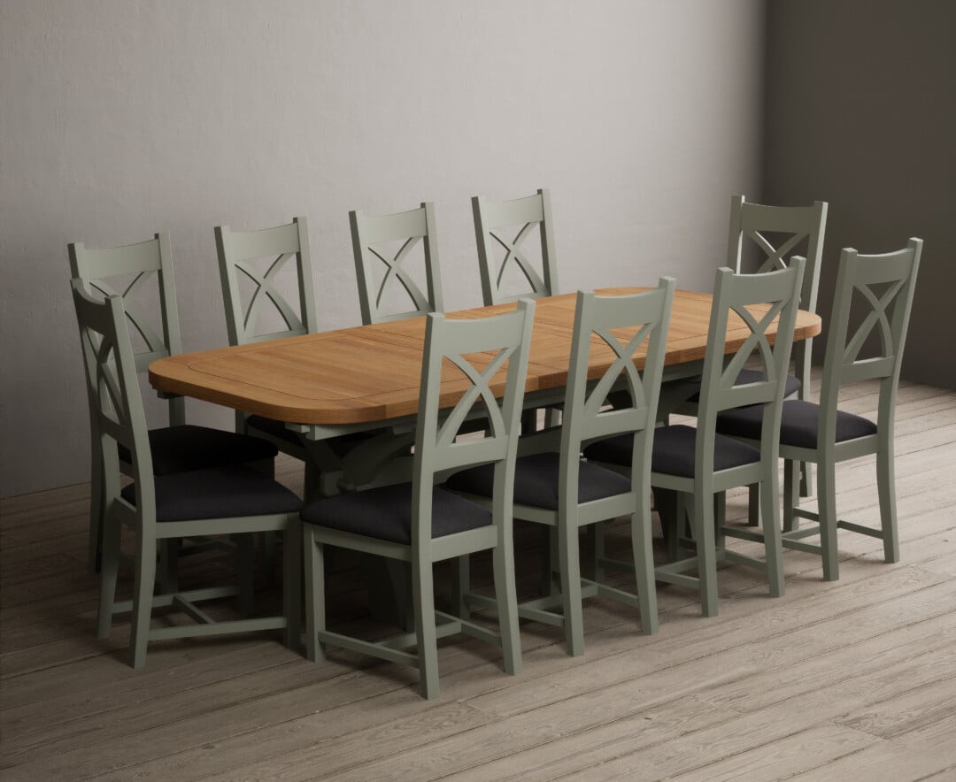 Extending Olympia 180cm Oak and Soft Green Painted Dining Table with 10 Light Grey Painted Chairs