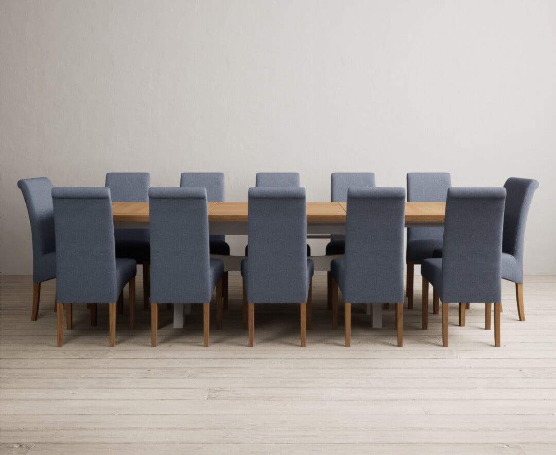 Extending Olympia 180cm Oak and Soft White Painted Dining Table with 12 Blue Scroll Back Chairs