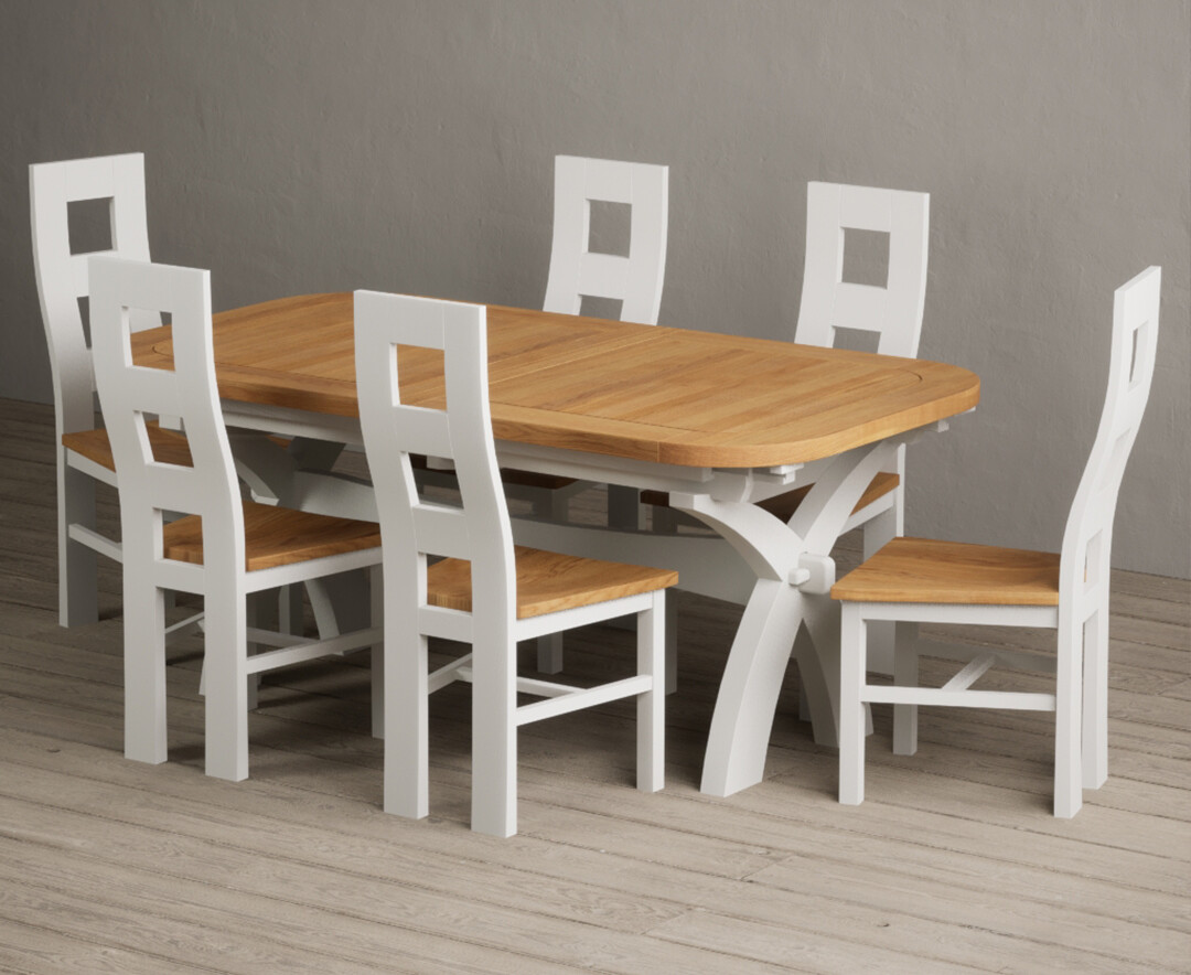 Extending Olympia 180cm Oak and Signal White Painted Dining Table with 8 Blue Painted Chairs