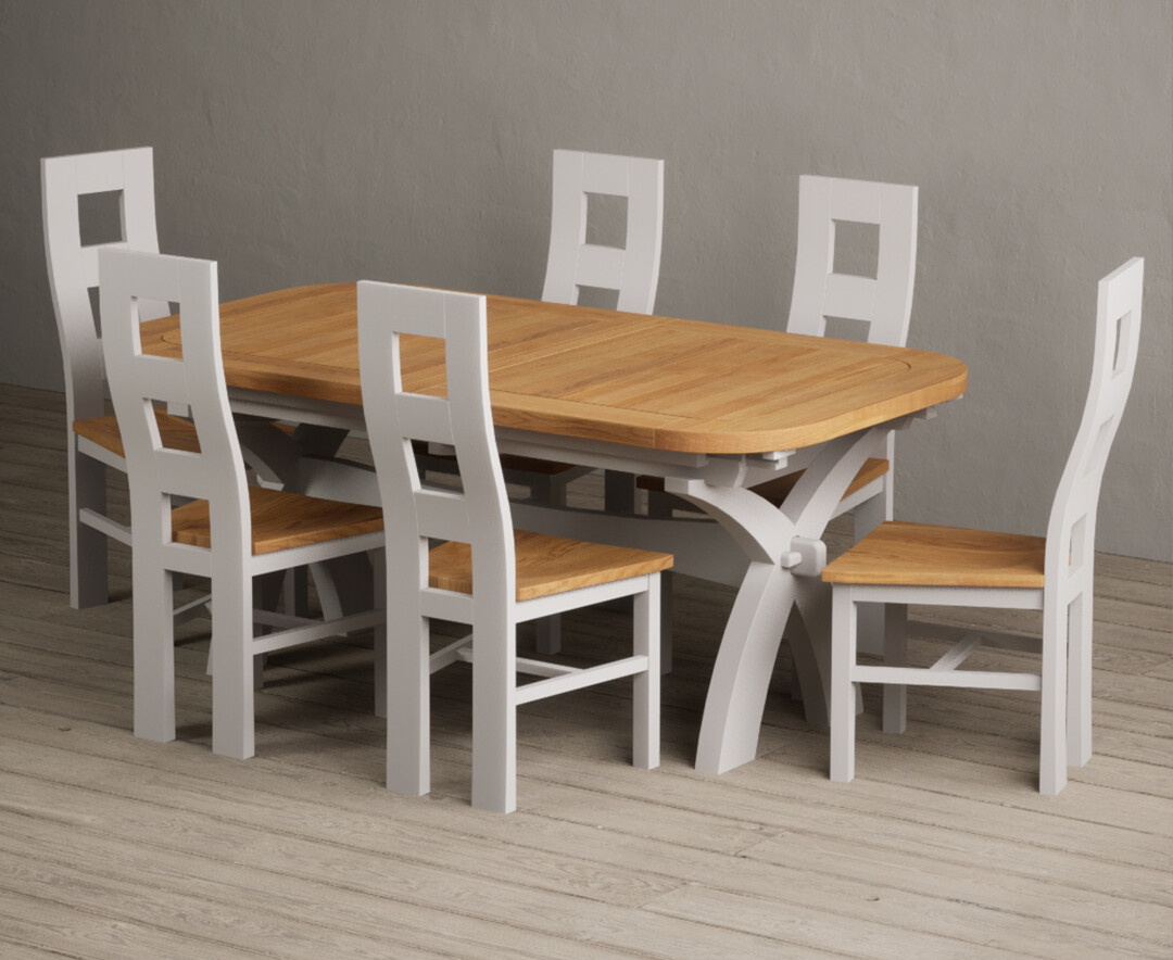 Extending Olympia 180cm Oak and Soft White Painted Dining Table with 8 Linen Painted Chairs