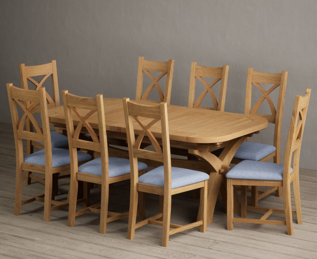Extending Olympia 180cm Solid Oak Dining Table With 6 Blue Natural Solid Oak Chairs