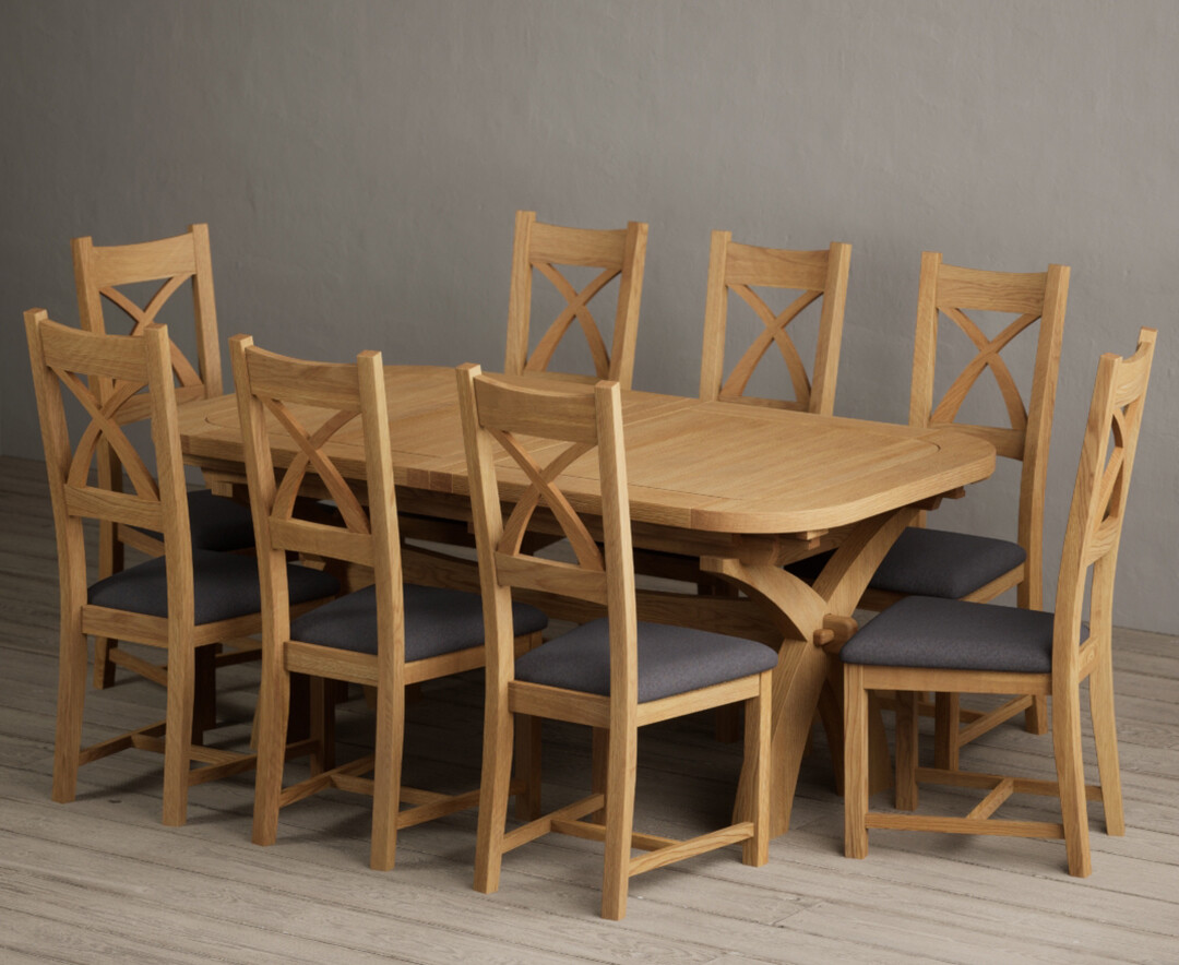 Extending Olympia 180cm Solid Oak Dining Table With 8 Charcoal Grey Natural Solid Oak Chairs
