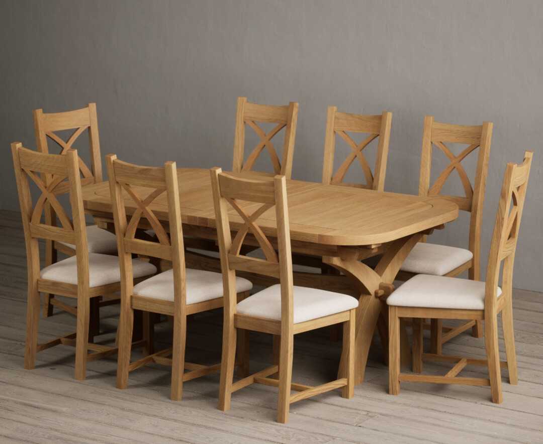 Extending Olympia 180cm Solid Oak Dining Table With 6 Linen Natural Solid Oak Chairs