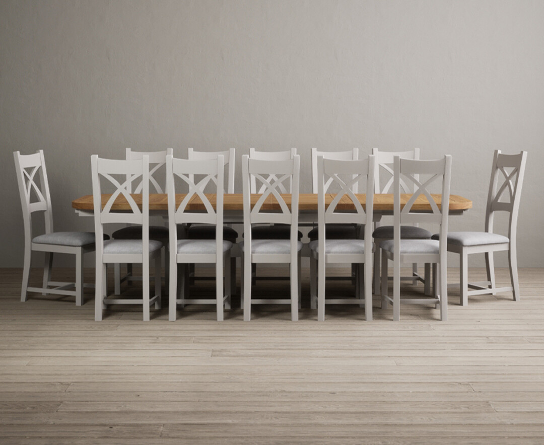 Extending Olympia 180cm Oak And Soft White Painted Dining Table With 8 Linen Painted Chairs