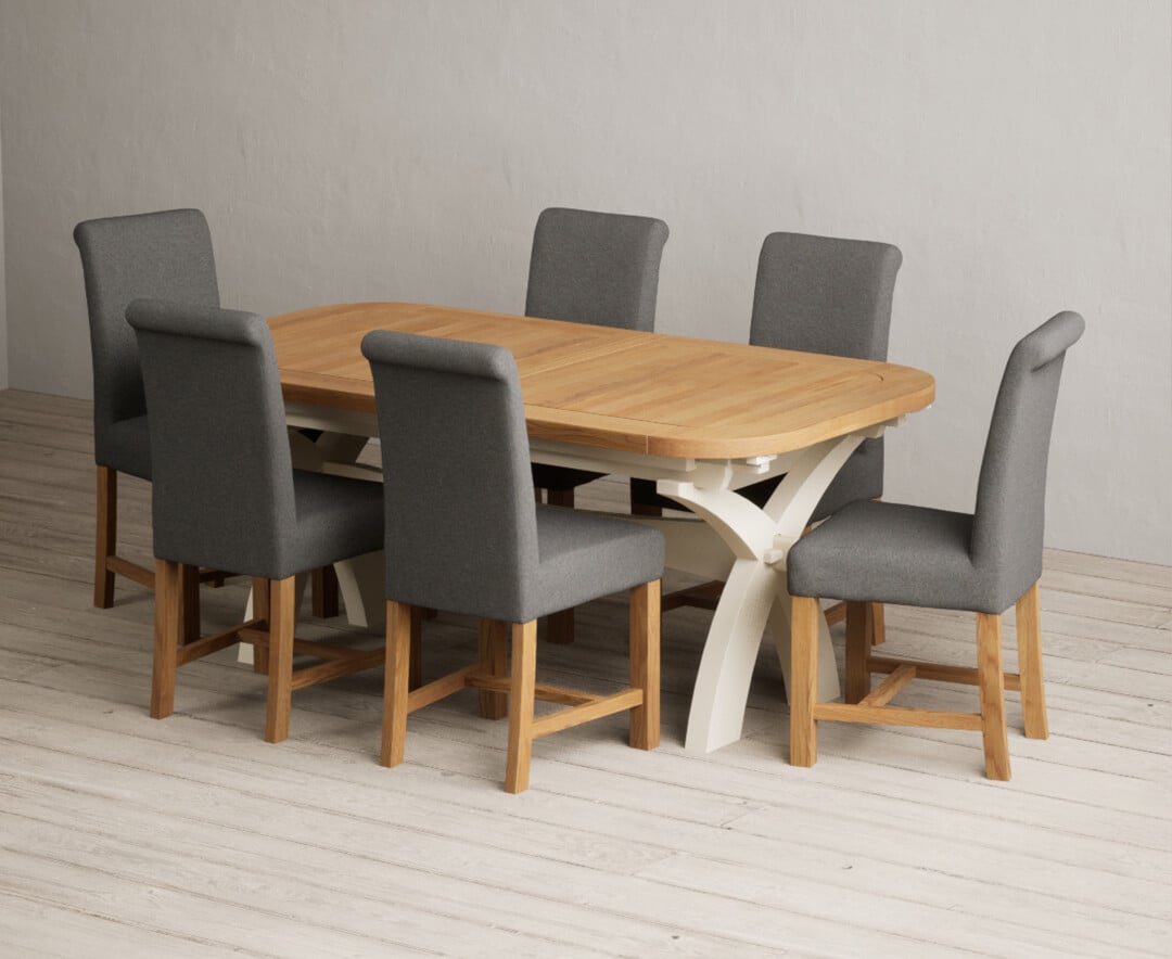Extending Olympia 180cm Oak and Cream Painted Dining Table with 6 Natural Braced Chairs