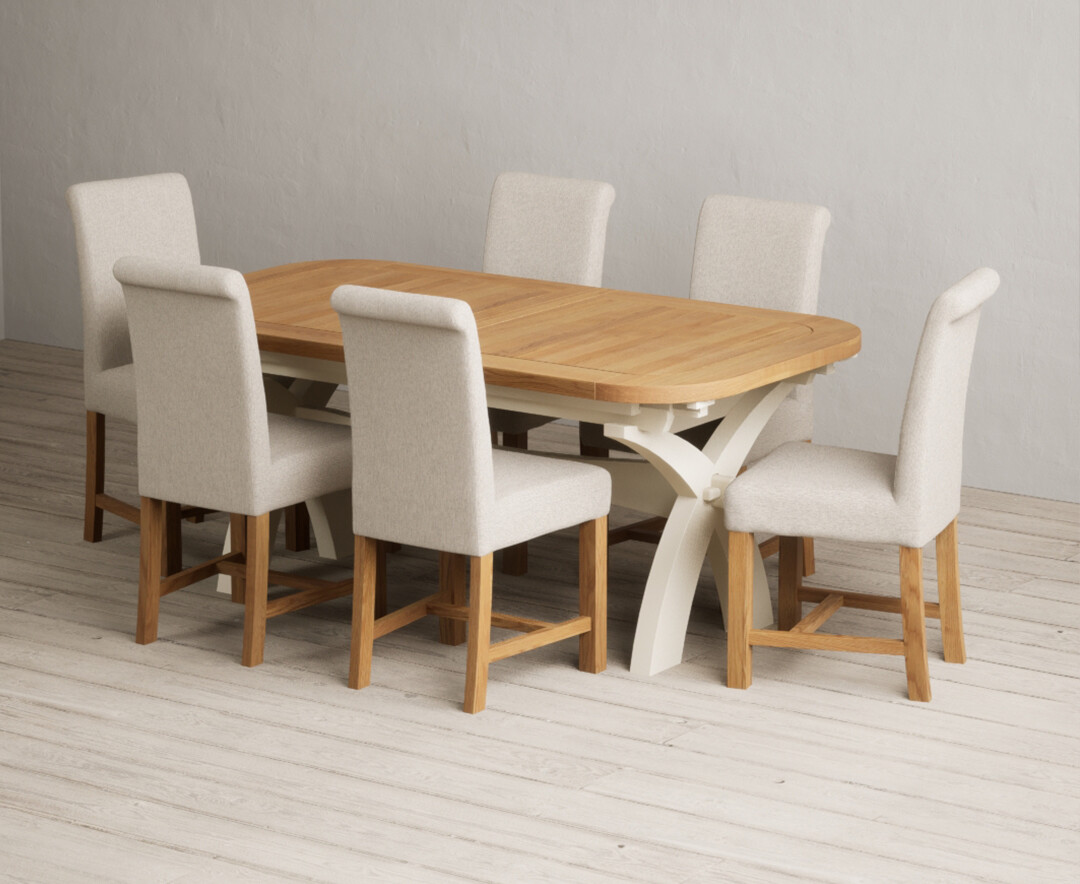 Extending Olympia 180cm Oak And Cream Painted Dining Table With 6 Blue Braced Chairs