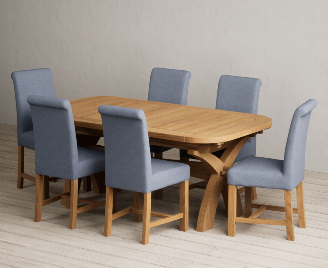Extending Olympia 180cm Solid Oak Dining Table with 10 Blue Braced Chairs