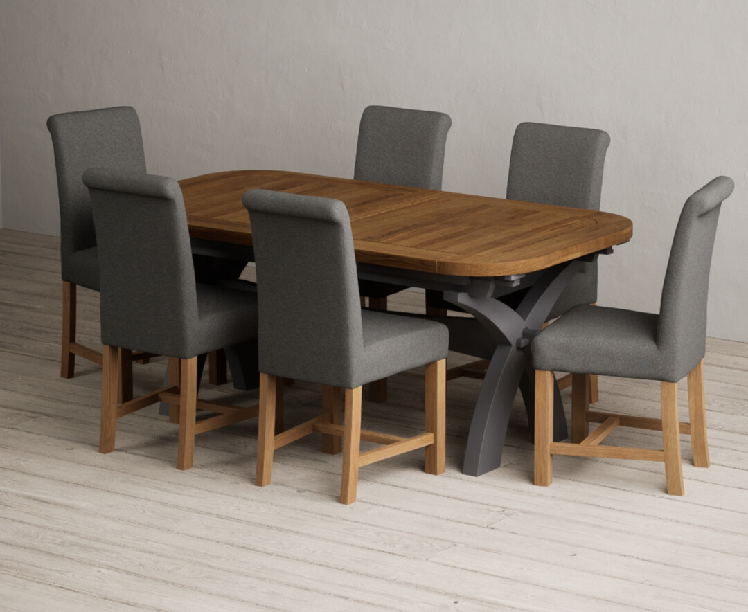 Extending Olympia 180cm Oak And Charcoal Grey Painted Dining Table With 6 Blue Braced Chairs
