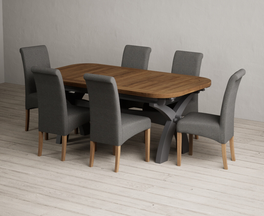 Extending Olympia 180cm Oak And Charcoal Grey Painted Dining Table With 12 Grey Scroll Back Chairs