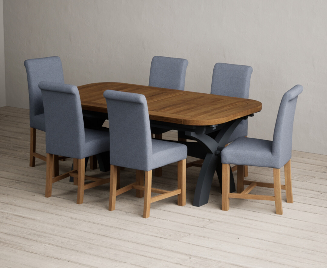 Extending Olympia 180cm Oak And Dark Blue Painted Dining Table With 10 Grey Braced Chairs