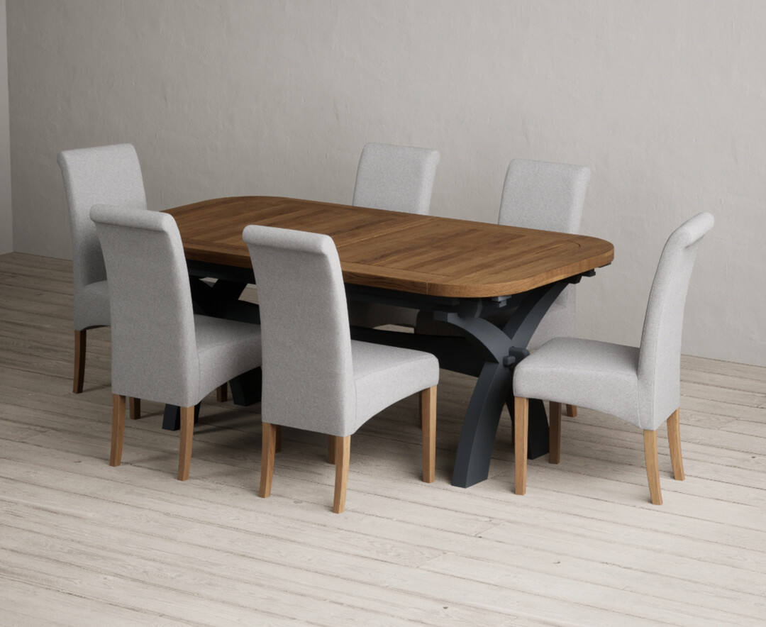 Extending Olympia 180cm Oak And Dark Blue Painted Dining Table With 10 Natural Scroll Back Chairs