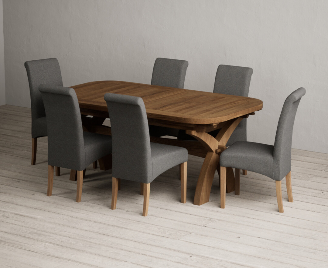 Extending Olympia 180cm Rustic Solid Oak Dining Table With 12 Blue Scroll Back Chairs
