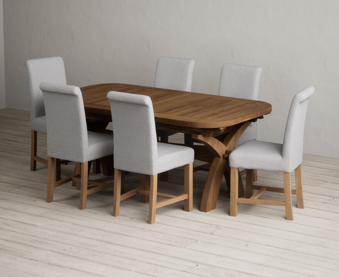 Extending Olympia 180cm Rustic Solid Oak Dining Table With 8 Blue Braced Chairs