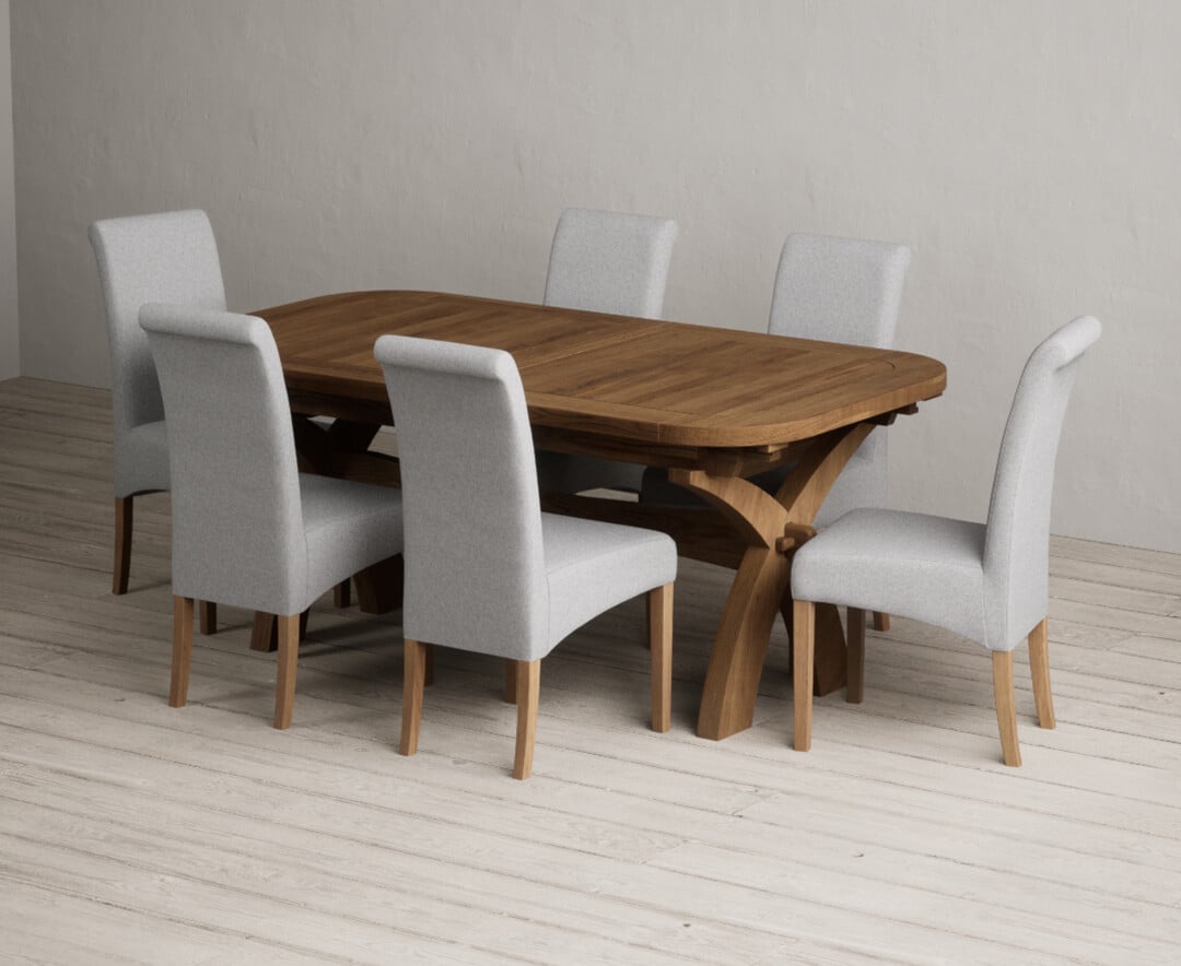 Extending Olympia 180cm Rustic Solid Oak Dining Table with 6 Natural Scroll Back Chairs