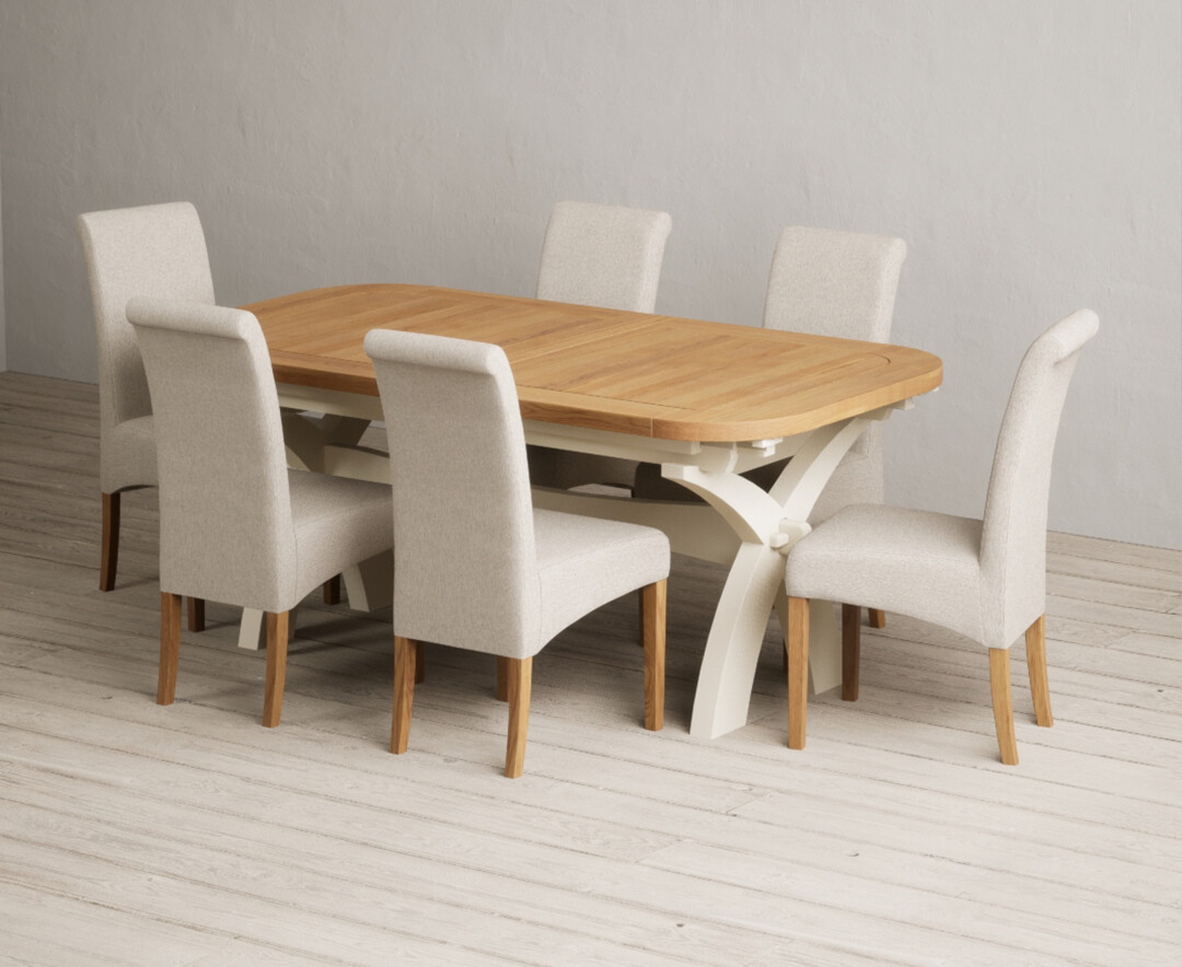 Extending Olympia 180cm Oak And Cream Painted Dining Table With 8 Charcoal Grey Scroll Back Chairs