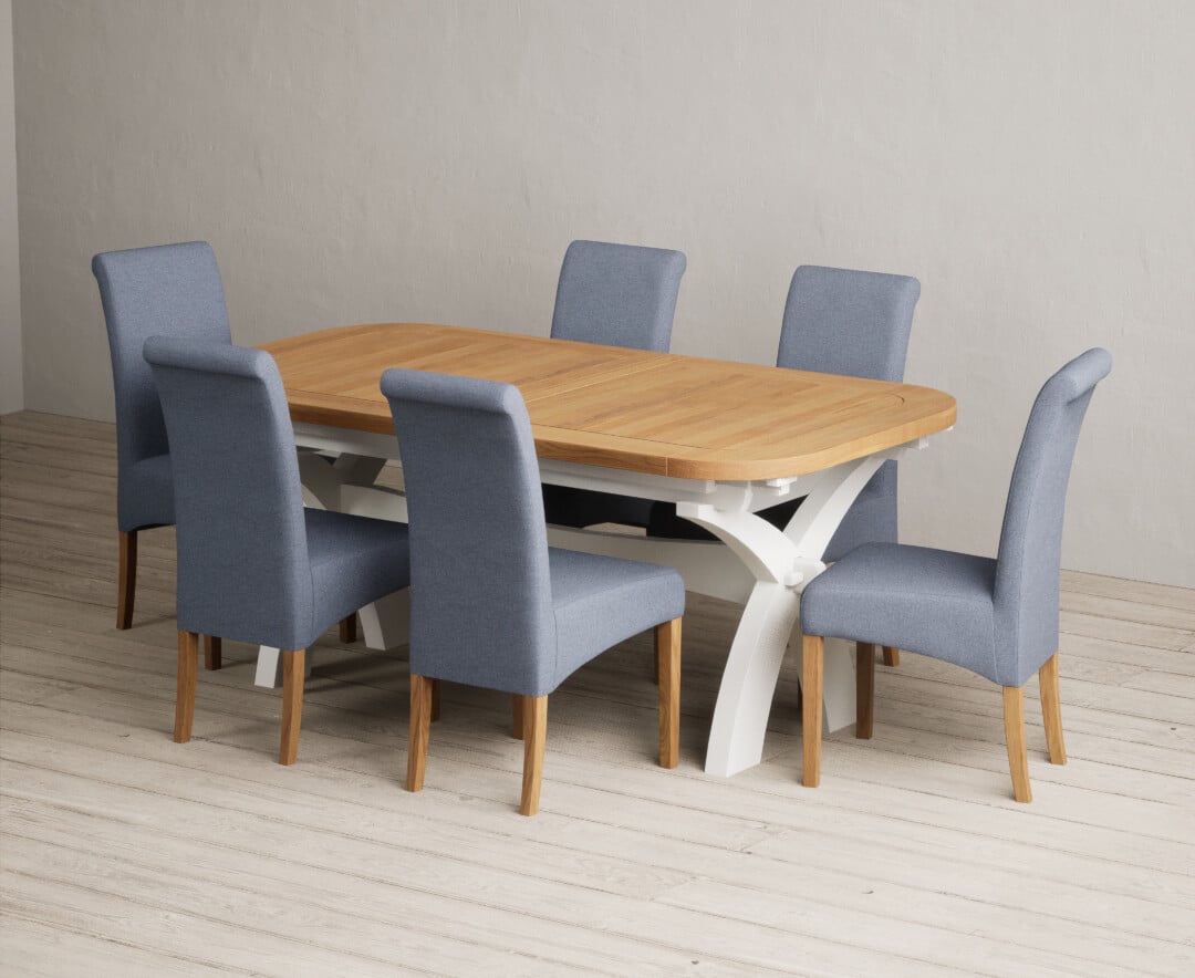 Extending Olympia 180cm Oak And Signal White Painted Dining Table With 8 Natural Scroll Back Chairs
