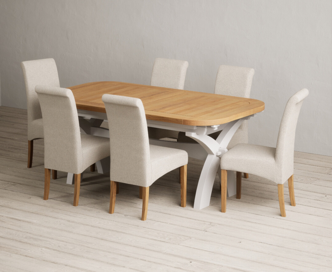 Extending Olympia 180cm Oak And Soft White Painted Dining Table With 12 Charcoal Grey Scroll Back Chairs